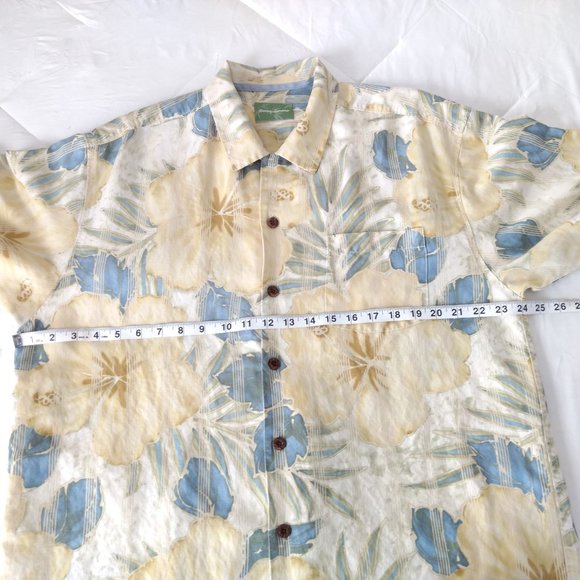 TOMMY BAHAMA Shirt L Yellow Blue Hibiscus Linen Blend Hawaiian Short Sleeve - Picture 11 of 12